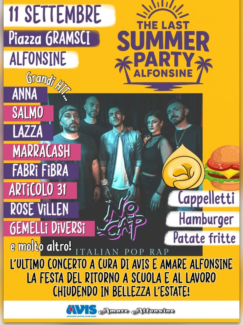 11 SETTEMBRE -CONCERTO dei NO CAP organizzato dall’AVIS Alfonsine in Piazza Gramsci