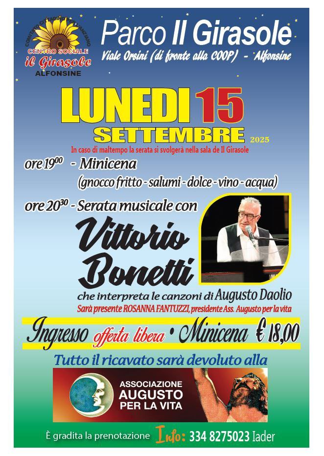 15 SETTEMBRE – CONCERTO – Al Centro Sociale IL GIRASOLE Concerto e Cena di Beneficenza