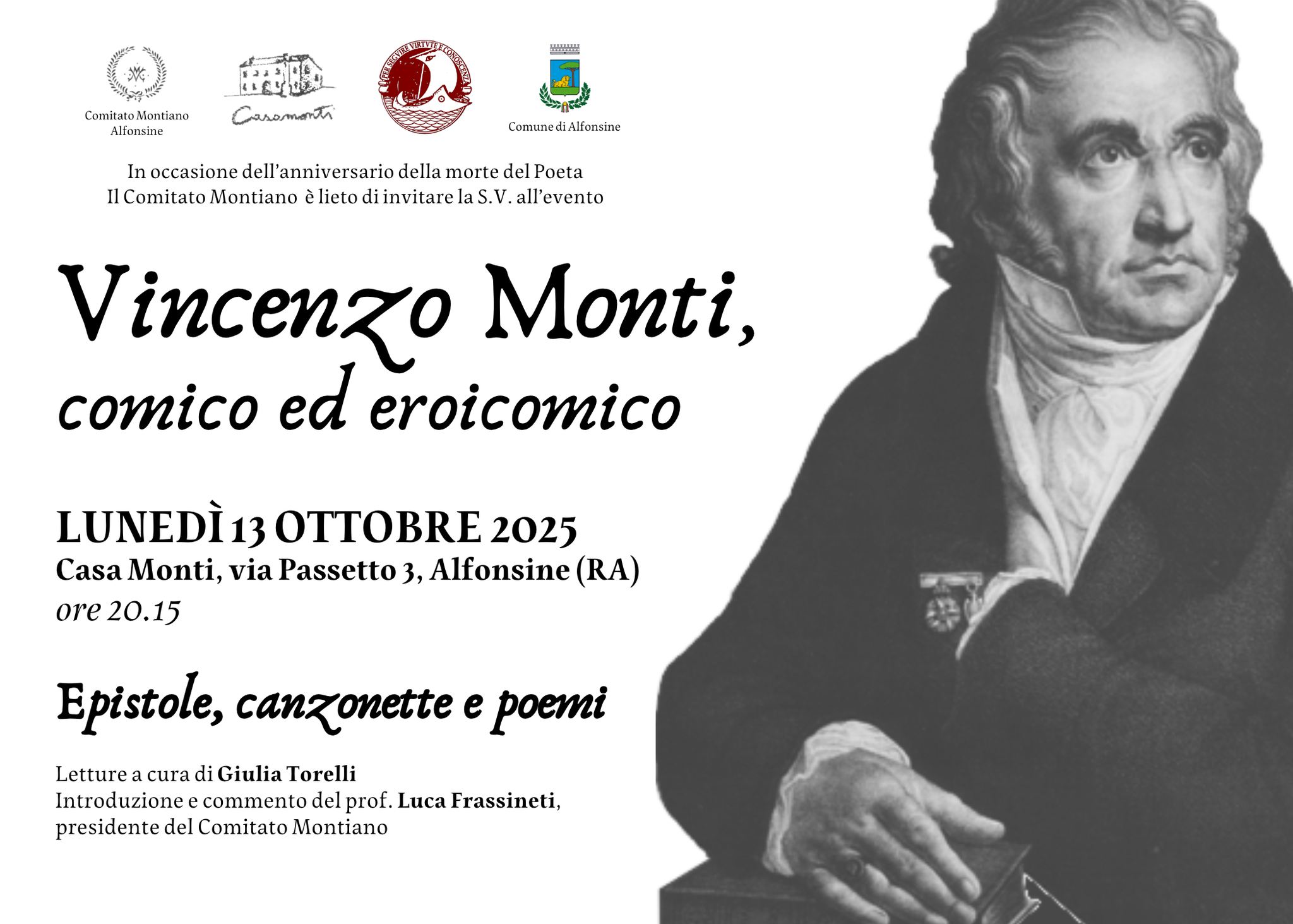 13 OTTOBRE – CULTURA – VINCENZO MONTI Epistole, Canzonette e Poemi a Casa Monti