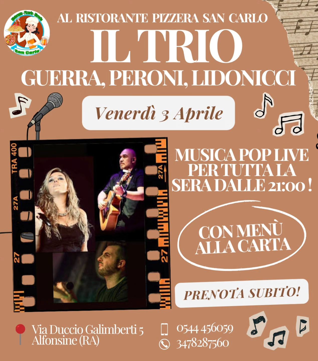 3 APRILE 2026 – MUSICA E CENA Al Ristorante Pizzeria San Carlo con il TRIO Guerra,Peroni e Lidonicci