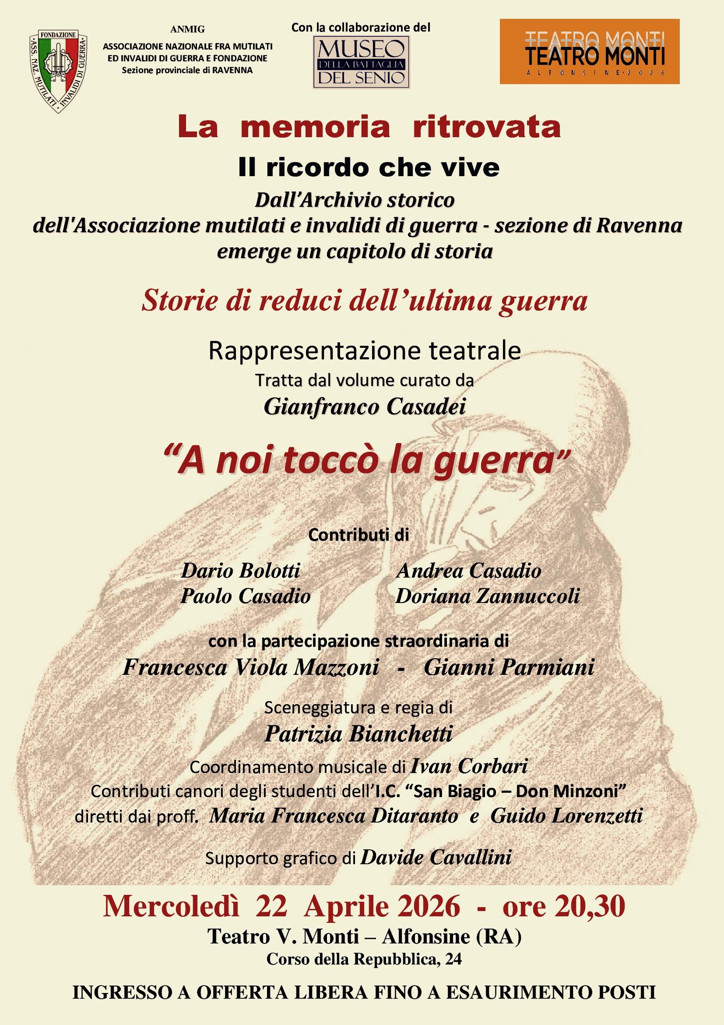 22 APRILE 2026 – Al Teatro Monti Rappresentazione Teatrale “A noi tocco’ la guerra”