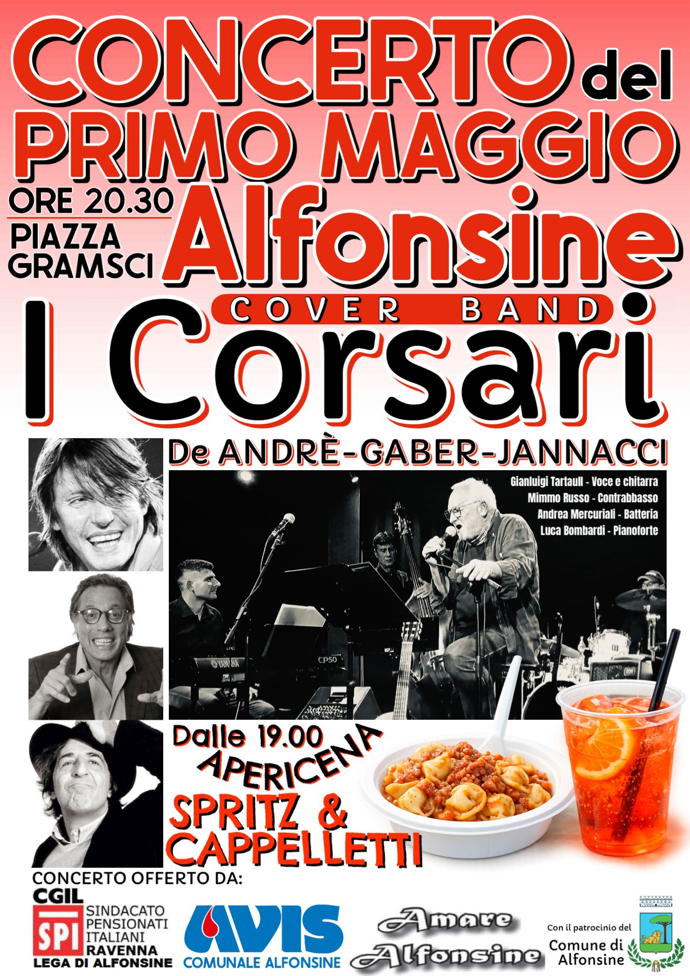 1 MAGGIO 2026 – CONCERTO – In Piazza Gramsci I CORSARI cover Band di Gaber,De Andre’ e Jannacci