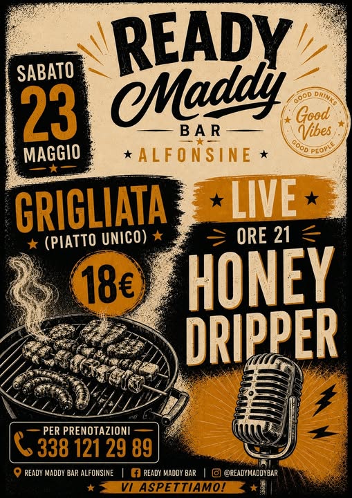 23 MAGGIO 2026 – Musica e Cena al READY MADDY con gli HONEY DRIPPER
