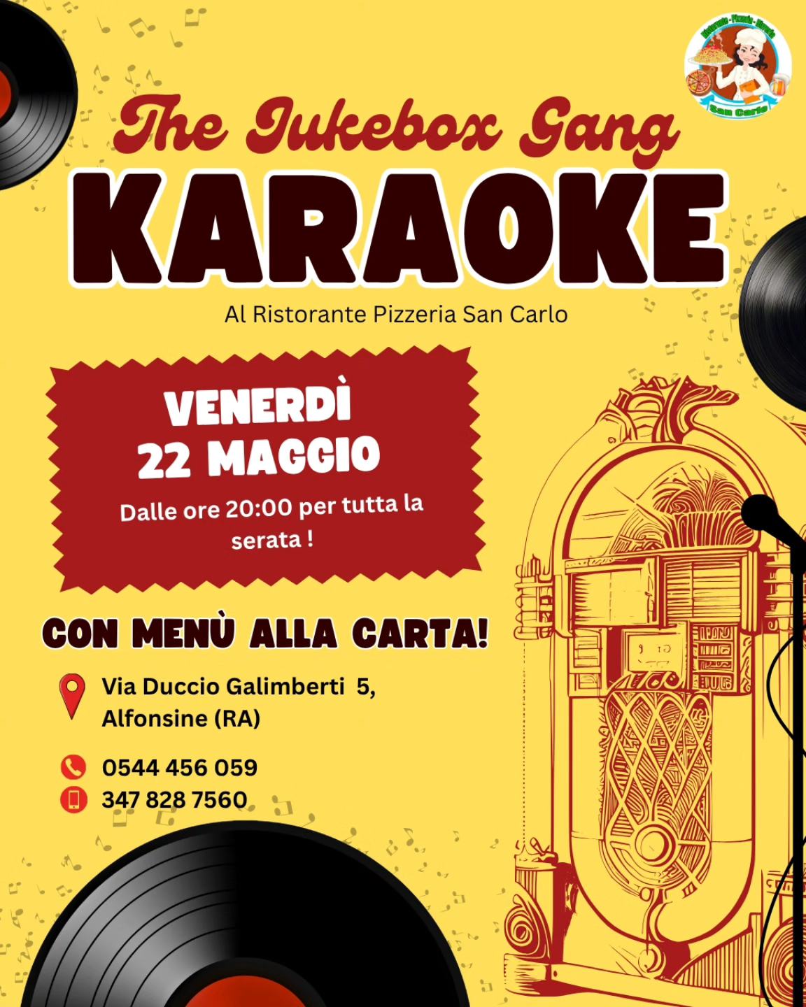 22 MAGGIO 2026 – Musica Karaoke  e Cena al Ristorante San Carlo con The Jukebox Gang