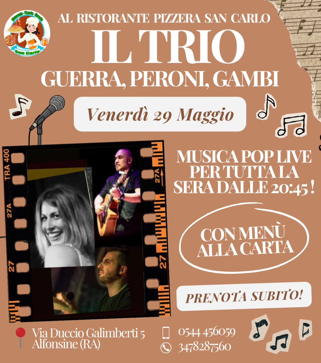 29 MAGGIO 2026 – Musica e Cena al Ristorante San Carlo con il TRIO Guerra,Peroni e Gambi