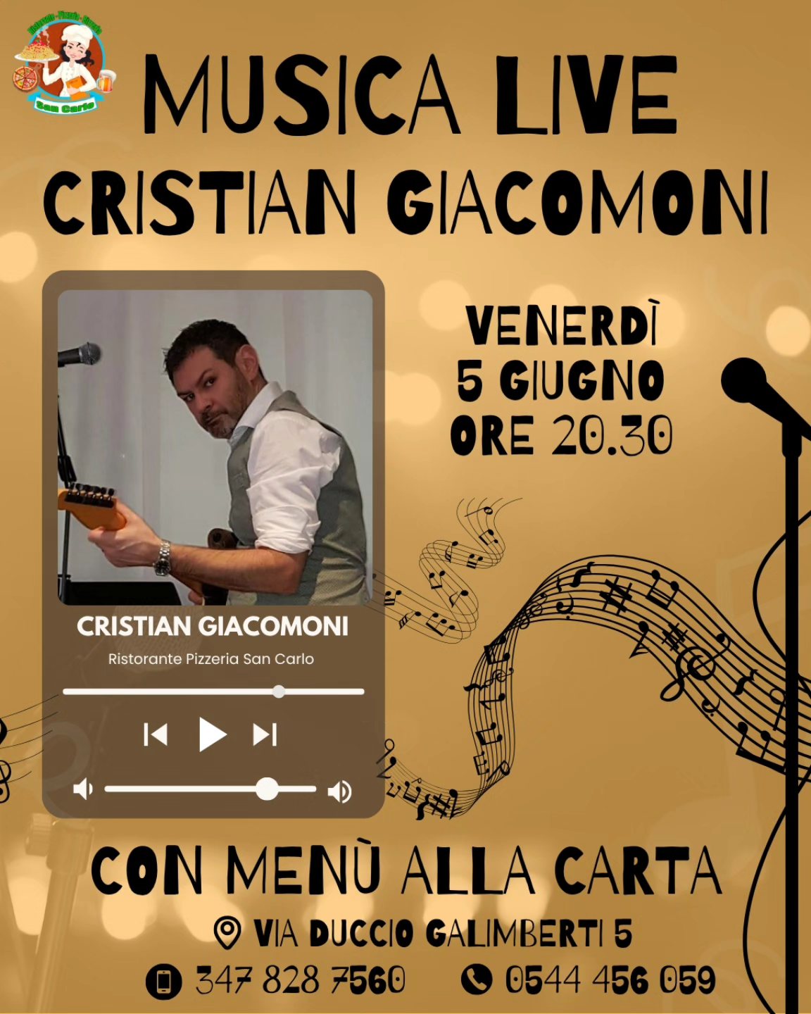 5 GIUGNO 2026 – Musica e Cena al Ristorante San Carlo con Cristian Giacomoni
