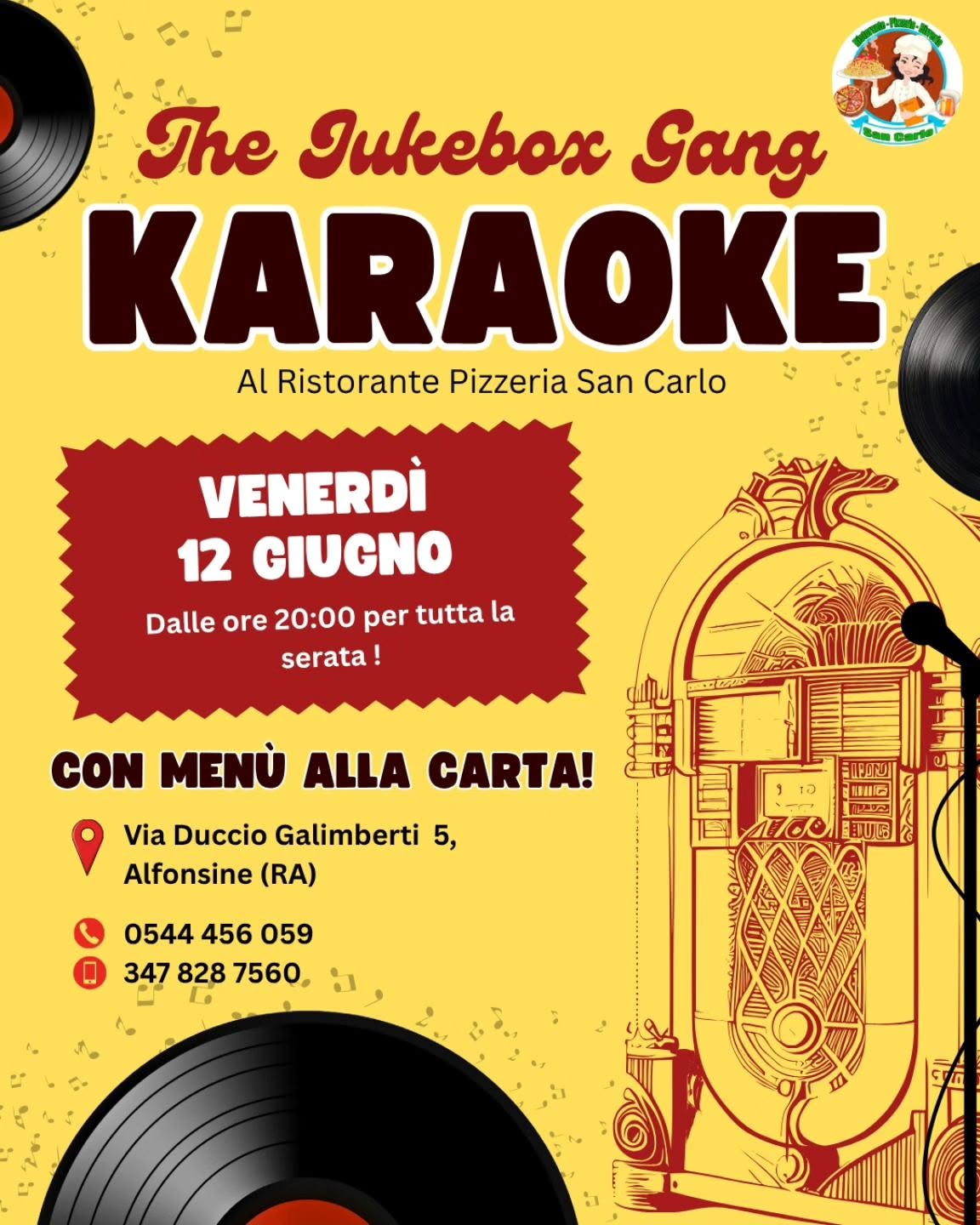12 GIUGNO 2026 – KARAOKE E CENA Al Ristorante San Carlo