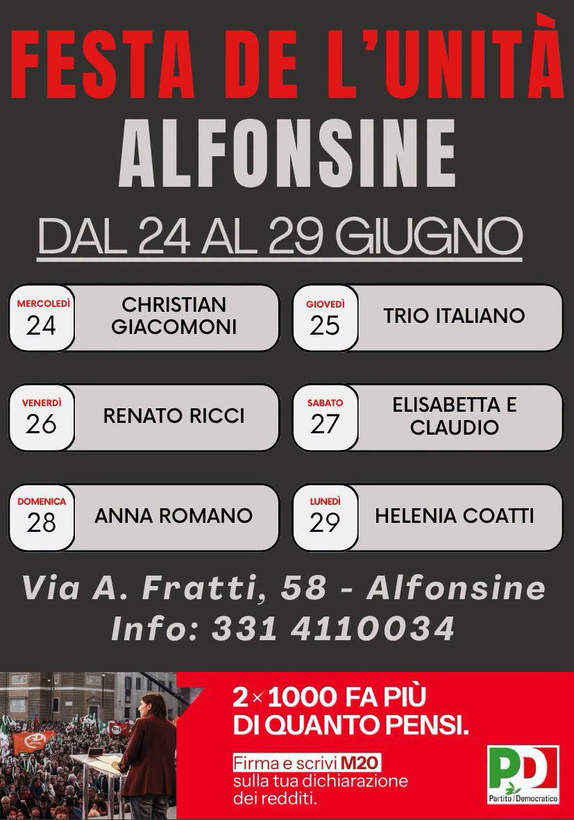 24 GIUGNO 2026 – EVENTO-  Programma del Festival Unita’ Alfonsine dal 24 al 29 Giugno