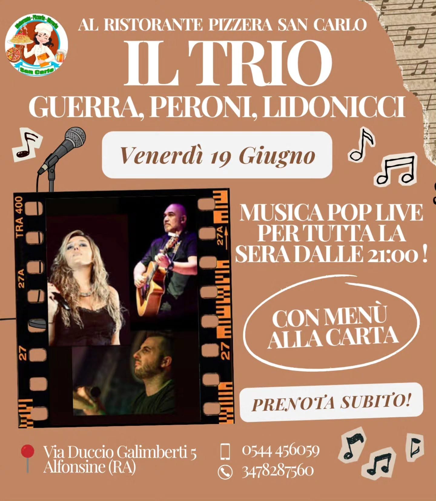 19 GIUGNO 2026 – Musica e Cena al Ristorante San Carlo con il Trio Guerra,Peroni,Lidonnici