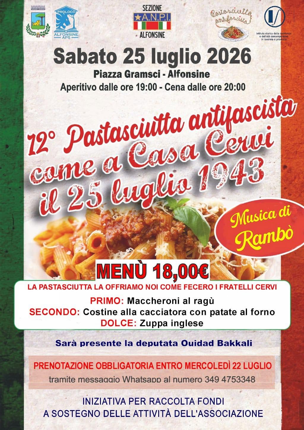 25 LUGLIO 2026 – EVENTO – In Piazza Gramsci 12 Edizione PASTASCIUTTA ANTIFASCISTA in ricordo dei Fratelli Cervi