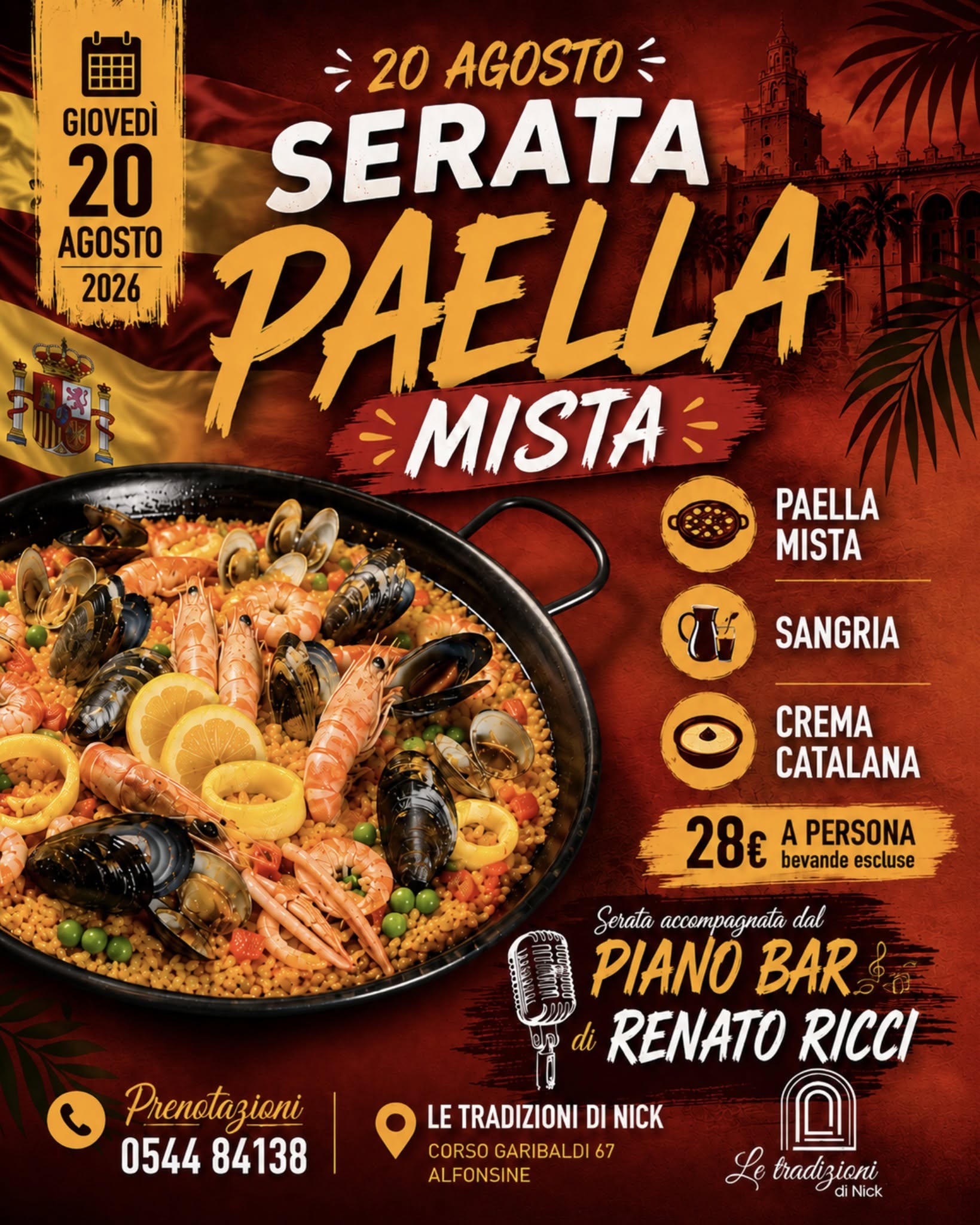 20 AGOSTO 2026 – Concerto con RENATO RICCI e Cena con PAELLA MISTA alle Tradizioni di Nick