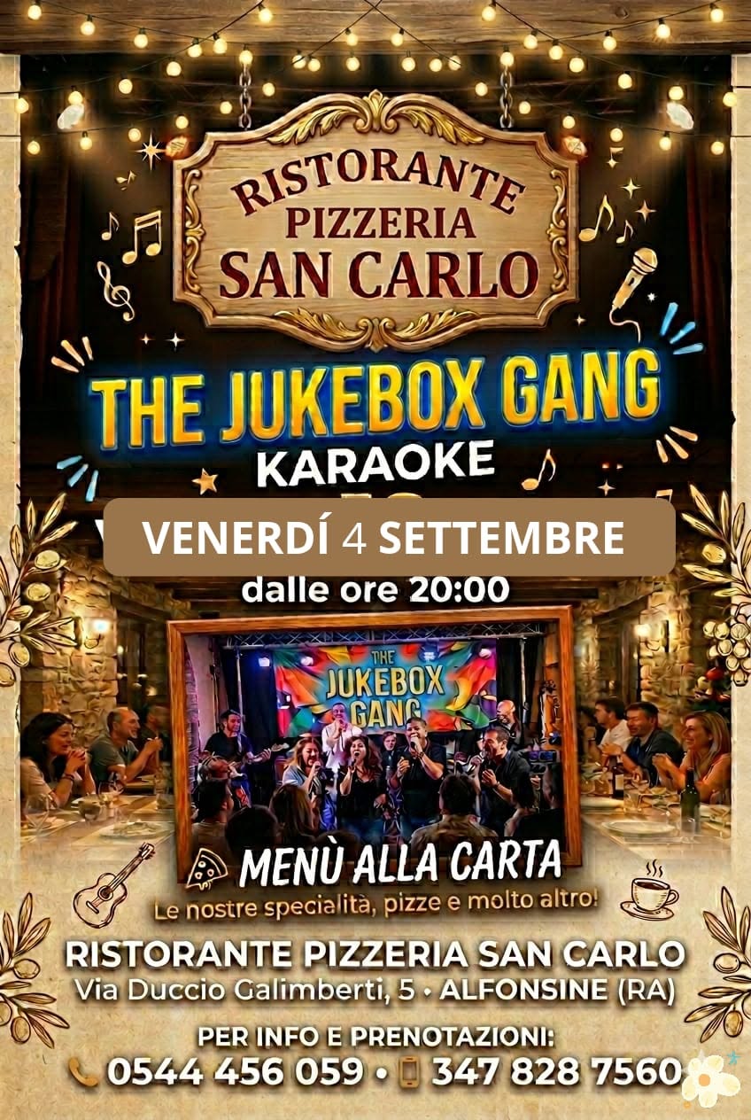 4 SETTEMBRE 2026 – KARAOKE E CENA Al Ristorante San Carlo con THE JUKEBOX GANG