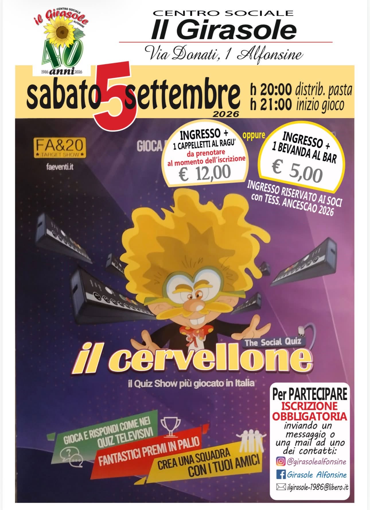 5 SETTEMBRE 2026 – EVENTO Al Centro Sociale Girasole torna Il quiz IL CERVELLONE