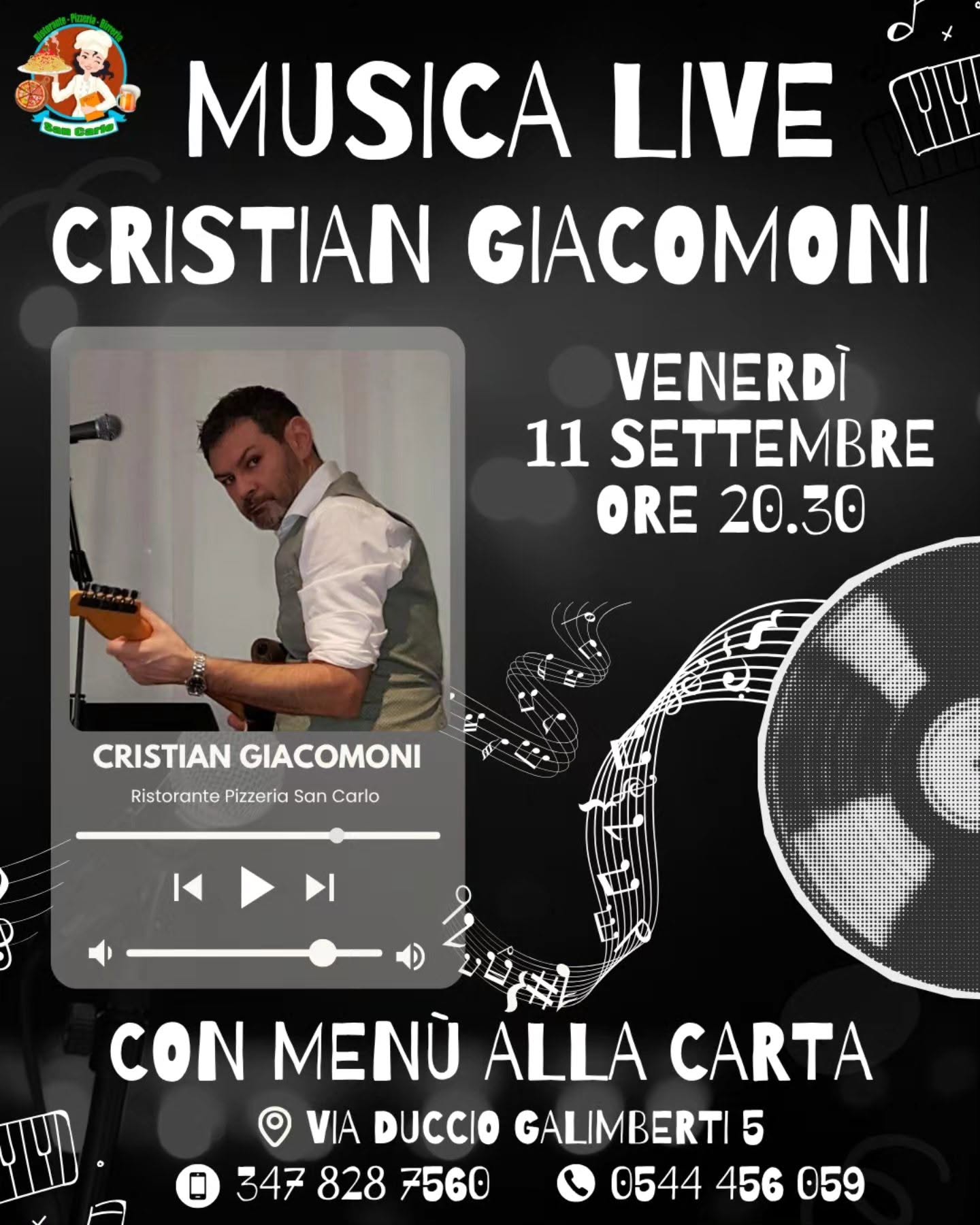 11 SETTEMBRE 2026 – EVENTO – Al Ristorante San Carlo Concerto e Cena con Cristian Giacomoni