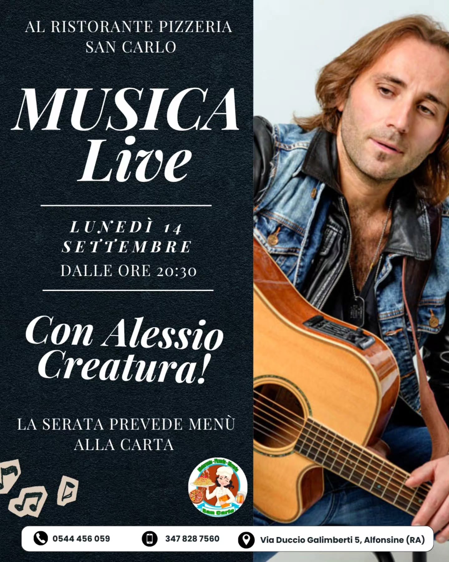 14 SETTEMBRE 2026 – CONCERTO E CENA Al Ristorante San Carlo con Alessio Creatura