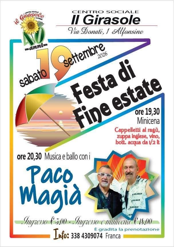 19 SETTEMBRE 2026 – EVENTO – Al  Girasole FESTA DI FINE ESTATE