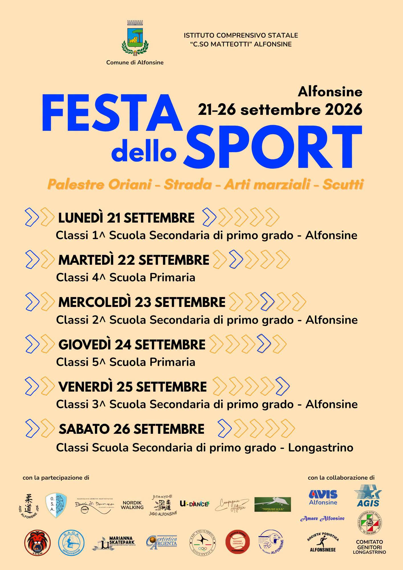 21 SETTEMBRE 2026 – EVENTO – FESTA DELLO SPORT dal 21 al 26 Settembre – Programma Completo